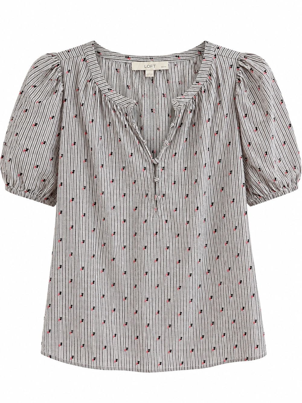LOFT Black & White Striped Puff-Sleeve Top with Red Dot Accents